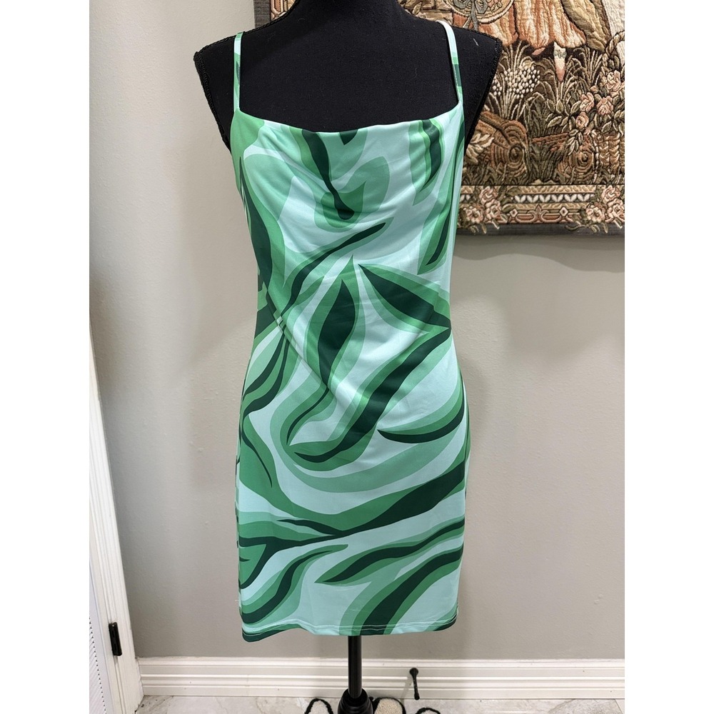 Dress Womens Small Green Tropical Cowl Neck Satin Slip Mini Summer Party